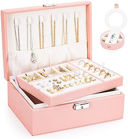 קופסת תכשיטים מעור של אנזידורה PU, מארגן מארגן תכשיטים לנשים עם שטח אחסון שכבה כפולה לצמיד טבעת עגיל שרשרת, גדול+קטן