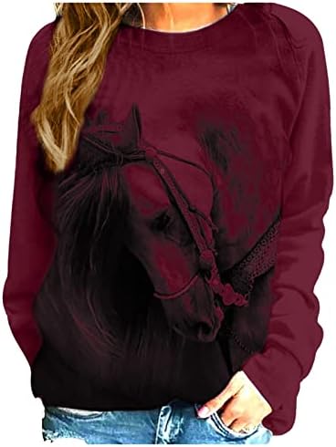 חולצות מודפסות סוס תלת מימדי לנשים נופלות חולצה שרוול ארוך אופנה רגלן צווארון סווטשירט סווטשירט בגדי בעלי חיים חמודים
