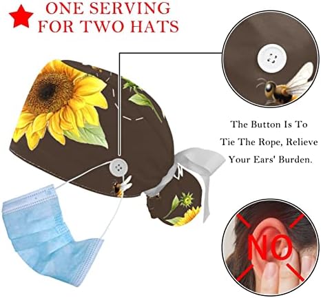 2 מחשב אחות קרצוף כובעים נשים שיער ארוך, דפוס חמניות פרחים מתכוונן כובע כפתור ורצועת זיעה
