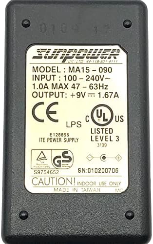 SunPower MA15-090 מתאם AC +9V 1.67A אספקת חשמל 5.5x2.0 ממ עם חוט