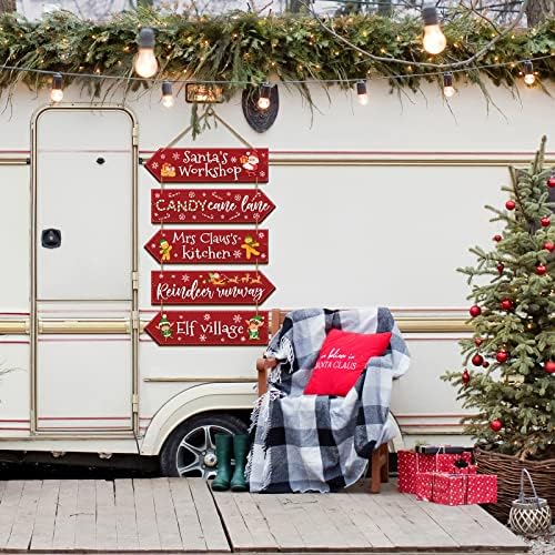 שלט חג מולד מעץ כפרי חץ תלייה שלטי מסיבת חג המולד שלט כיווני זנגוויל שלטי עץ עיצוב הבית של סימן הסדנה של סנטה אדום קיר קיר לקישוטים לבית