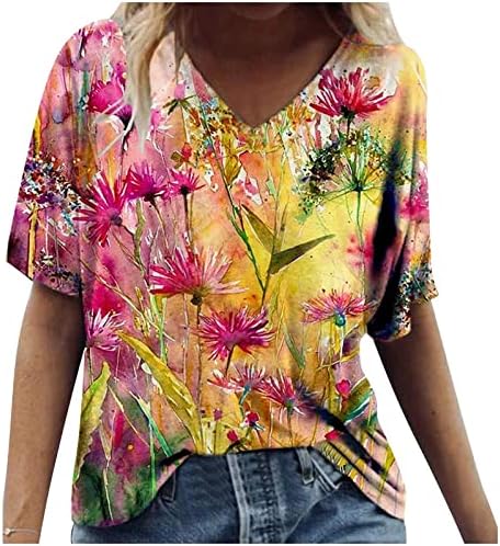 חולצה מזדמן לנשים בכל רחבי חולצות הדפס פרחוניות צבעוניות חולצות שרוול קצר חולצות קיץ בכושר רופף