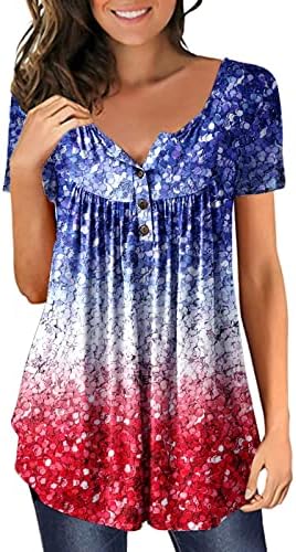 4 ביולי טוניקת חולצות לנשים אמריקאי דגל להסתיר בטן שומן חולצות קיץ מזדמן קצר שרוול כפתור עד צוואר חולצה למעלה