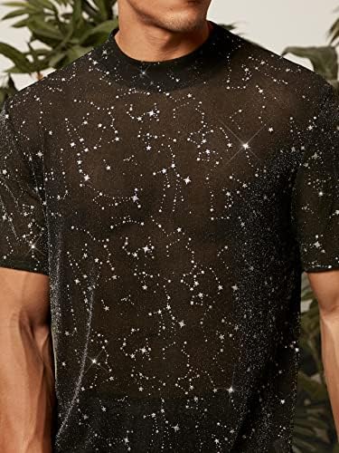 Makemechic Galaxy Print Print Glitter Sheer רשת חולצות שרוול קצר ראה דרך צמרות