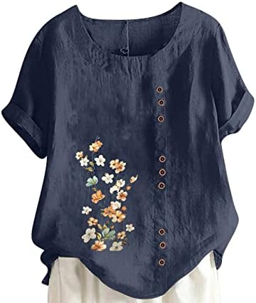 פלוס גודל כותנה חולצות פשתן נשים הדפס פרחוני על גבי כפתור שרוול קצר אופנה מזדמן צוואר צוואר גדול