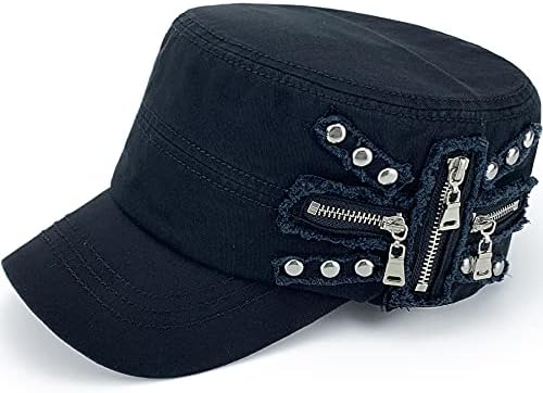 Rayna Men Men נשים שטוף רך כותנה מתכווננת כובע צבא צבאי עליון כובע צוער כובע רוכסן רוכסן טלאי רקמה