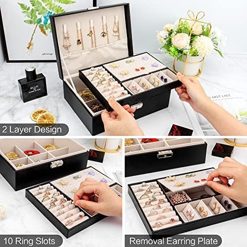 מארגן קופסאות תכשיטים לעיצוב עם Lock-2 Layer Layer PU עור אחסון תכשיטים תכשיטים תצוגה עם מגש נשלף לעגילי שרשרת טבעות צמידים