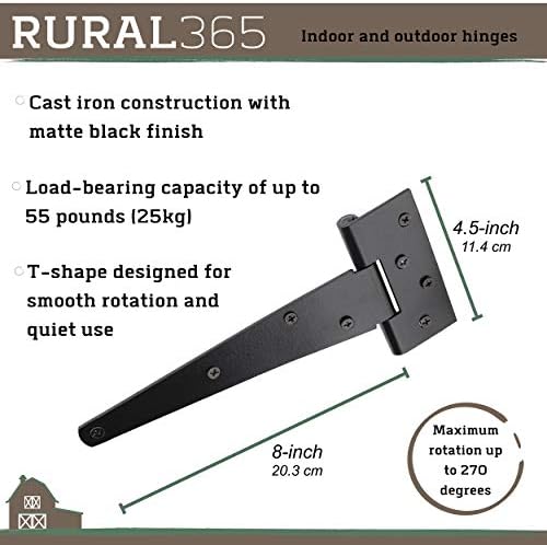 Rural365 ציר דלת משולש 4 PK - חובה כבדה 8 אינץ 'רצועת T -Strap Style Style דלת צירים מט מאסם שחור דלתות דלתות