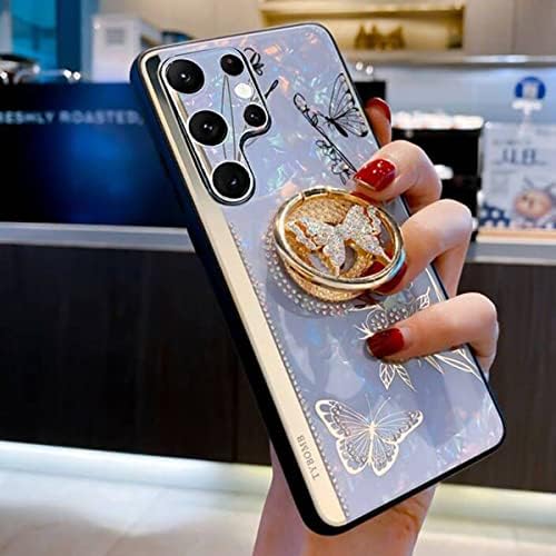 Changjia Samsung Galaxy S23 Ultra Kickstand, פרפר יהלומי 3D חמוד חמוד 3D עם טבעת עמדת זעזועים נצנצים בלינג בלינג שיש מכסה מגן לנשים בנות