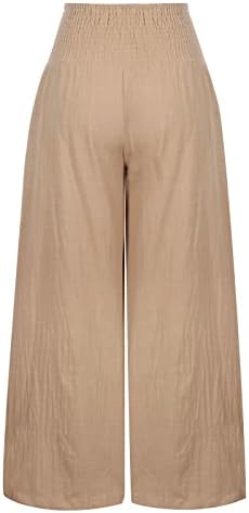 CHGBMOK נשים רחבות פשתן פלאצו מכנסיים אלסטיים אלסטיים מותניים גבוהים מכנסיים בכושר רופף מכנסי טרקלין חוף מזדמנים