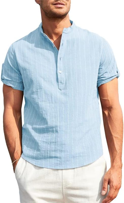 JMIERR Mens קיץ קיץ מזדמן חולצות פשתן כותנה מזדמנים חולצות כפתור שרוול קצר חולצות הנלי פסים קלות