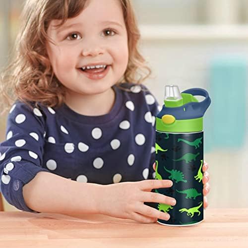 Kigai Green Camo Dinosaur בקבוק מים לילדים עם מכסה קש, BPA בחינם, 12oz נירוסטה ואקום מבודדת לבקבוק דליפות ילדים תרמוס לפעוטות, בית ספר,